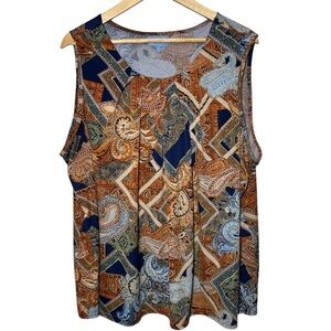 Koret Sleeveless Top Blouse Womens 3X Brown Blue Stretch Modest Tapestry Paisley